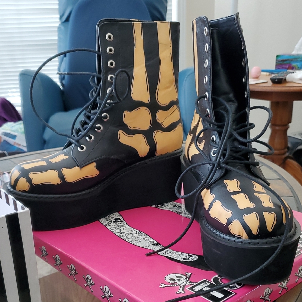 Too Fast Black and Gold Skeleton Platform Combat Boots